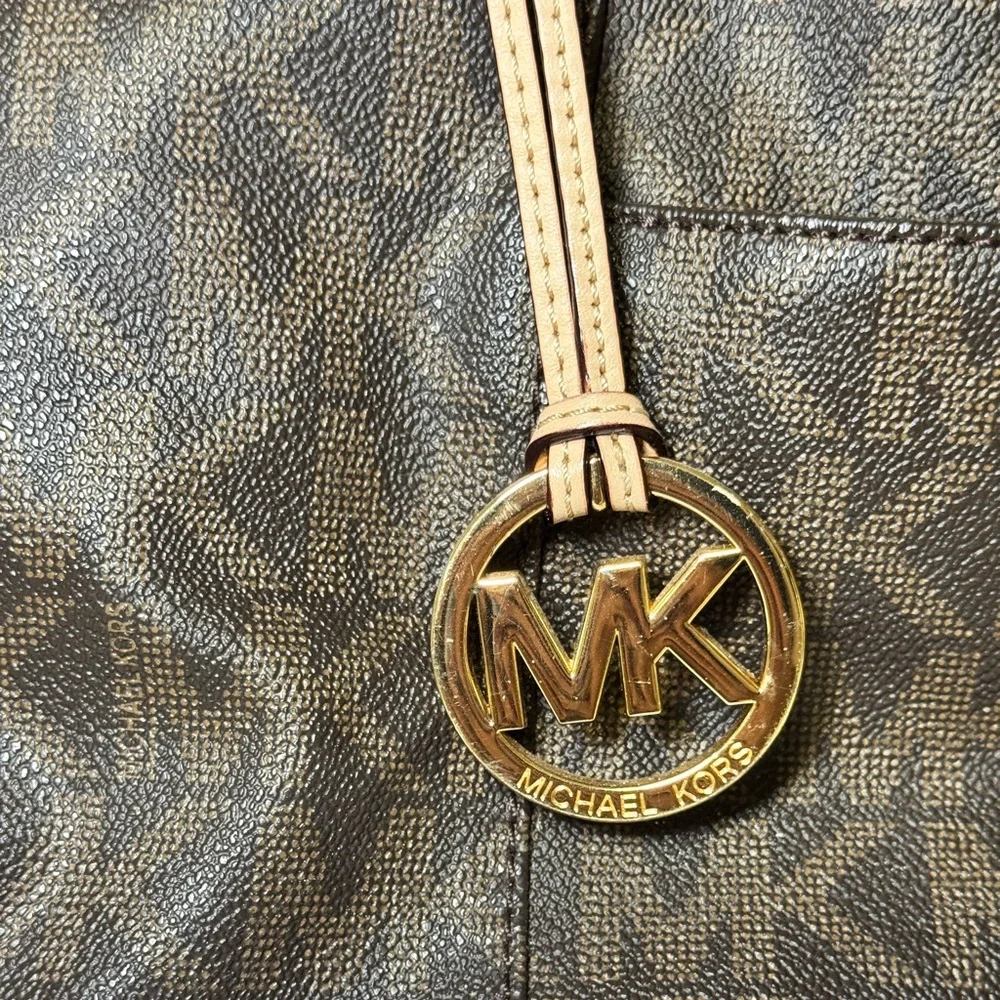 Michael Kors Jet Set Brown MK Signature Tote Bag Gold Charm Shoulder Purse - Picture 6 of 7